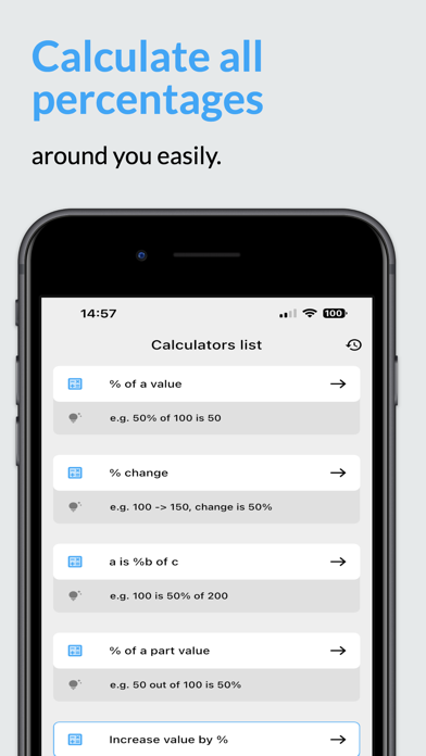 The Percentage Calculator iOS calculator list, showing the four core percentage modes