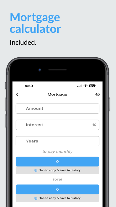 Official iOS mortgage screen showing Amount, Interest and Years inputs and monthly repayment and total outputs