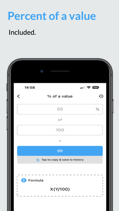The iOS percentage of a value calculator showing 50% of 100 equals 50, with the formula below