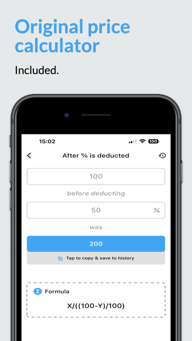 Actual iOS reverse percentage screen recovering 200 from a final amount of 100 after a 50% reduction