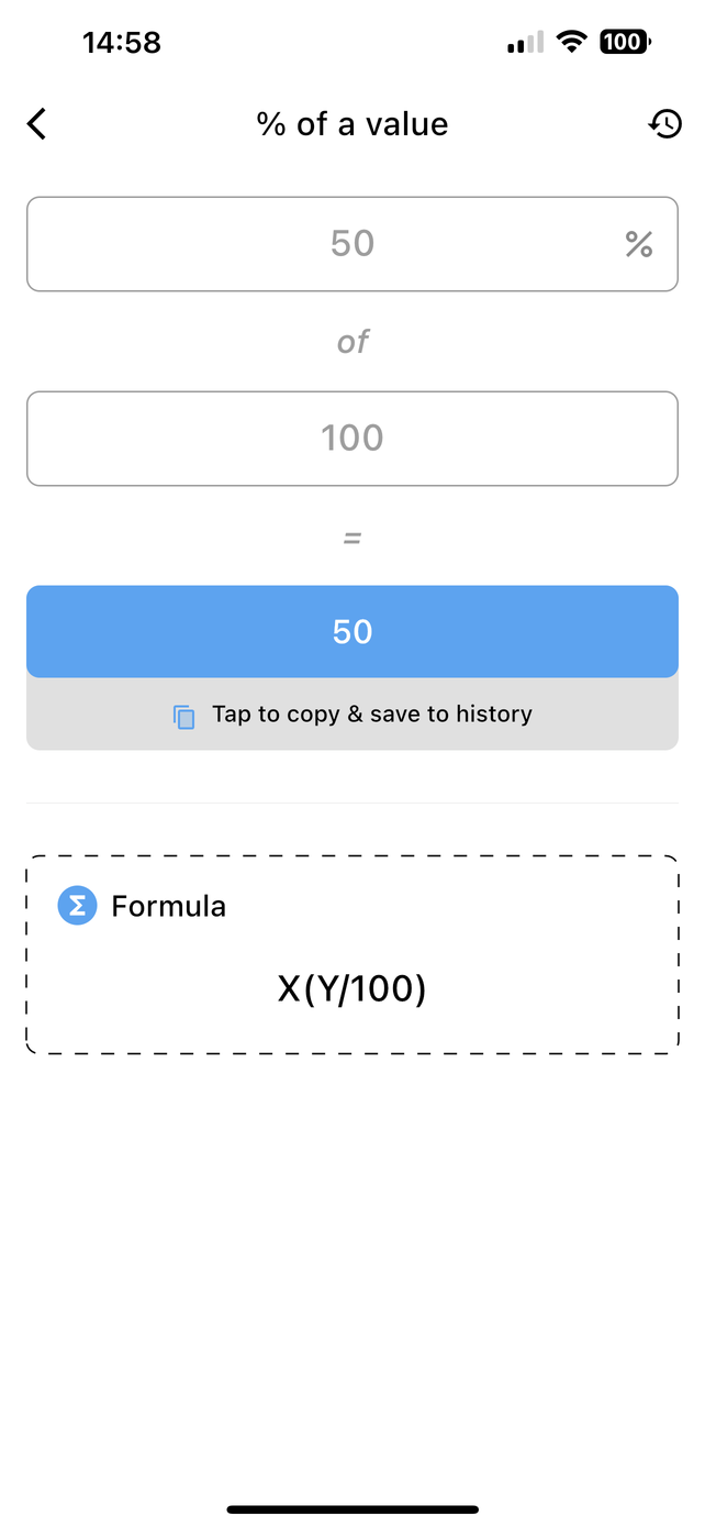 Percentage of a value screen showing 50% of 100 equals 50, with the calculation formula